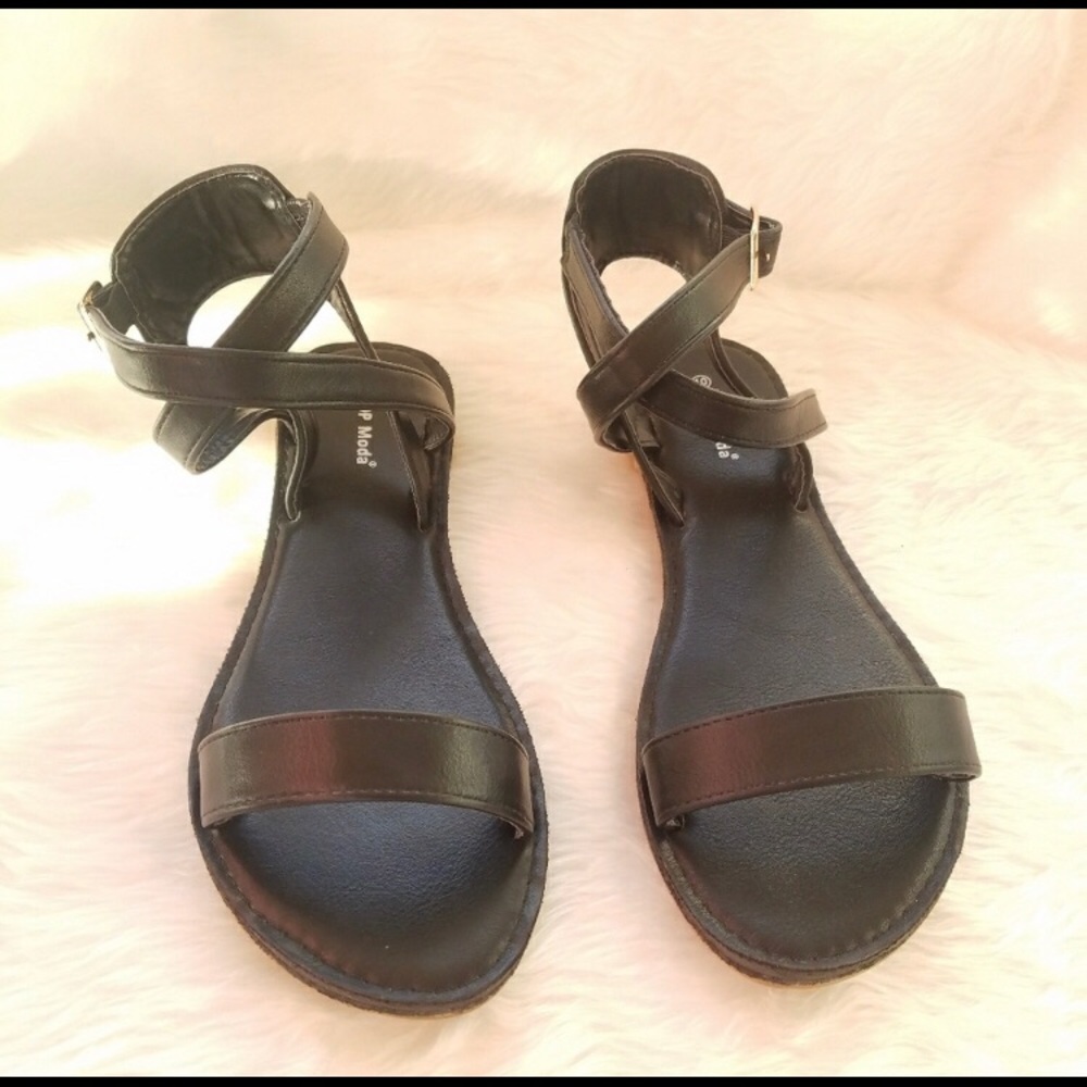 Black faux leather strappy sandals